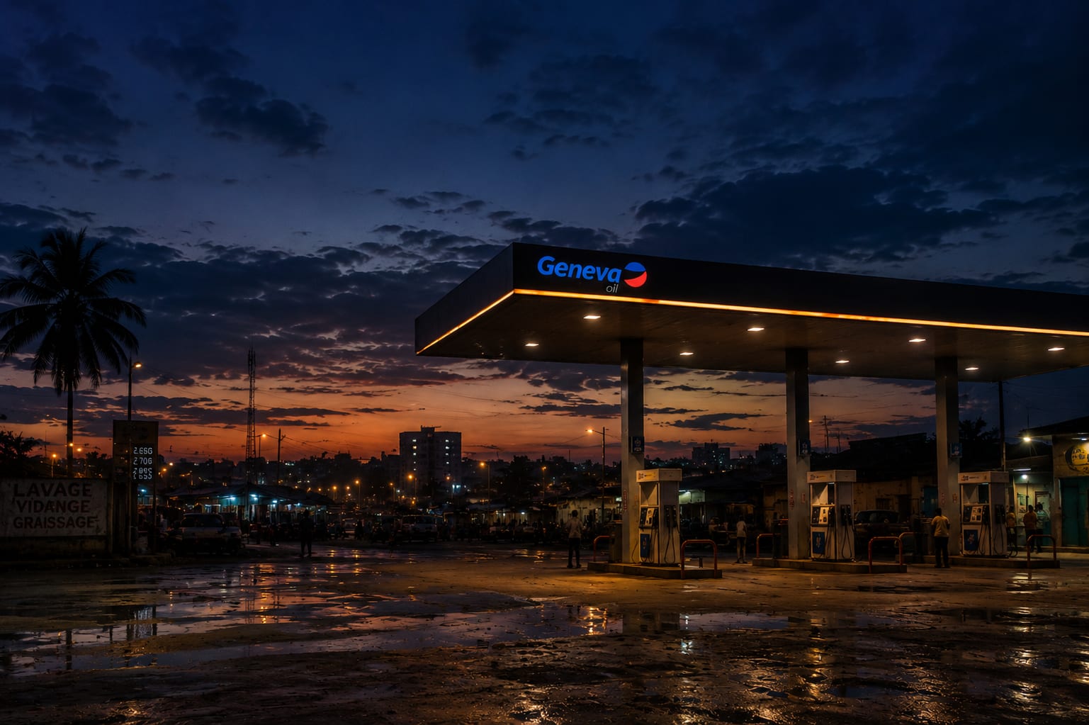 Station-service Geneva Oil au crépuscule